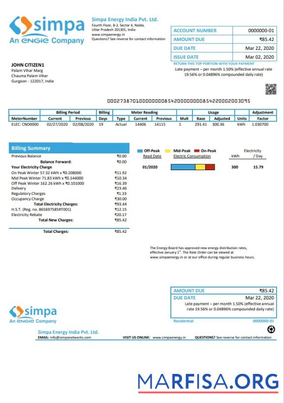 Printable India Simpa Energy India Pvt. Ltd utility bill real example